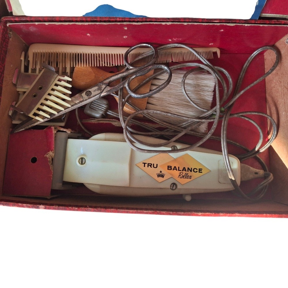 Vintage Tru Balance Rollex Electric Hair‎ Clipper Set Mid Century Barber Kit Red